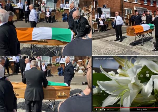 Screenshots from video posted online of a gathering to honor Jim Scullion