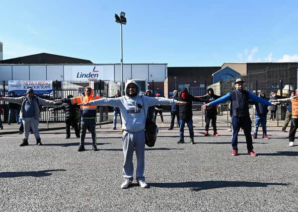 Workers staged a protest at Linden Foods in Co Tyrone in March over safety during the coronavirus pandemic