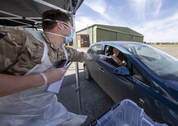 Troops from the 102 Logistic Brigade and 16 Signal Regiment are trained in mobile testing at an army barracks in Lincolnshire. Across the UK, army mobile test teams have been testing for Covid-19 in locations including care homes. Photo: Sgt Lee Goddard/MoD/PA Wire