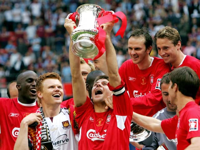 Steven Gerrard celebrates with the trophy after the FA Cup final at the Millennium Stadium in 2006
