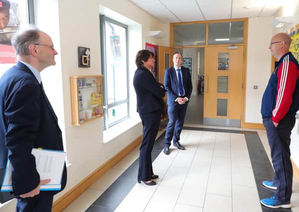 Education Minister Peter Weir, left, with Arlene Foster, Paul Givan MLA and Vice Principal of Pond Park Primary School in Lisburn, David Ball.

Photo by Kelvin Boyes / Press Eye.