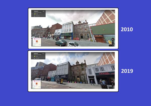 Views of the building (from GoogleMaps) in 2010 and 2019, showing the gradually-growing delapidation of the site