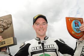 Alastair Seeley celebrates winning the Superstock race at the North West 200 in 2008.