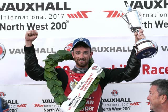 Carrick man Glenn Irwin on the rostrum at the North West 200 after winning the blue riband Superbike race in 2017.