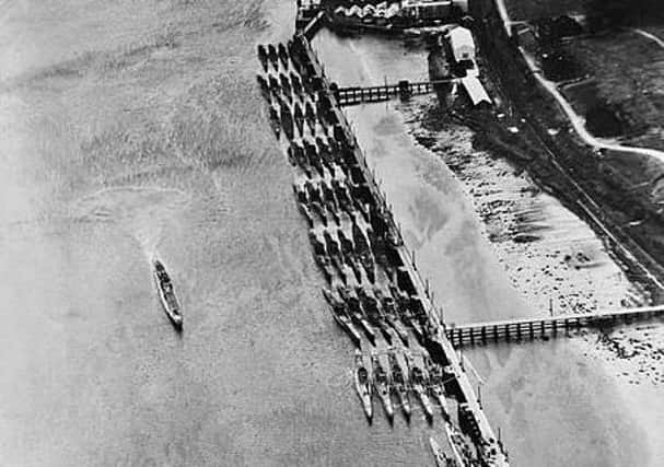 German U-boats moored at Lishally in Londonderry after their surrender in May 1945