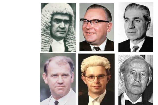 Six judges and lawyers murdered by the IRA: Clockwise from top left: murdered in 1973 William J. Staunton, magistrate; 1974  Robert Martin McBirney QC, magistrate; 1974 Rory Conaghan, judge; 1983 William Doyle, county court judge; 1983 Edgar Graham, barrister; 1987 Maurice Gibson, high court judge