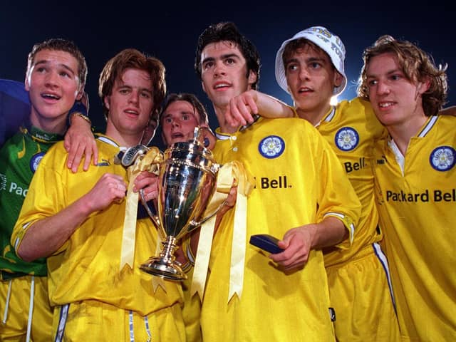 From the left, Leeds United's Paul Robinson, Alan Maybury, Andy Wright, Damian Lynch, Jonathan Woodgate and Wesley Boyle celebrate after winning the second leg of the FA Youth Challenge Cup final at Selhust Park in 1997. Pic by Mark Bickerdike