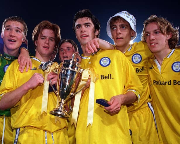 From the left, Leeds United's Paul Robinson, Alan Maybury, Andy Wright, Damian Lynch, Jonathan Woodgate and Wesley Boyle celebrate after winning the second leg of the FA Youth Challenge Cup final at Selhust Park in 1997. Pic by Mark Bickerdike