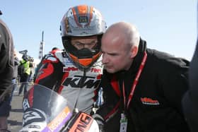 KMR Kawasaki team boss Ryan Farquhar with Jeremy McWilliams at the North West 200 in 2018.