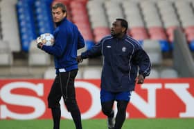 Roy Carroll with Jean-Claude Darcheville during a Glasgow Rangers training session ahead of their Champions League match against Lyon