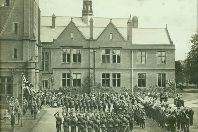 Empire Day, May 24, 1916 at Campbell College in east Belfast. The day became more significant that year, when schools and insitutions across the UK saluted the flag and sang the national anthem. It was weeks before the Battle of the Somme. By the end of the Great War, Campbell had lost 126 ex pupils. The picture was taken four years before Tyler Gatewood Kent, an American diplomat who became a spy, joined the school