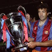 Michael Laudrup, Andoni Zubizarreta, and Juan Antonio Goicoechea of Barcelona celebrate their European Cup victory over Sampdoria at Wembley in 1992.