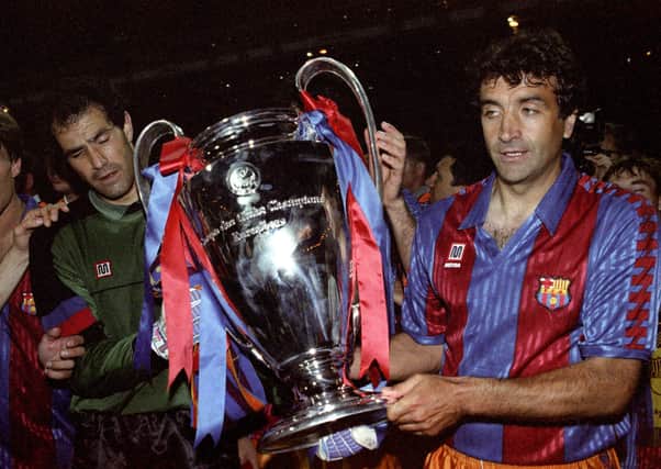 Michael Laudrup, Andoni Zubizarreta, and Juan Antonio Goicoechea of Barcelona celebrate their European Cup victory over Sampdoria at Wembley in 1992.
