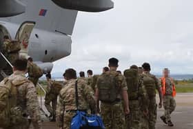 MoD handout photo of soldiers of the Co Antrim based 2 Rifles departing RAF Flying Station Aldergrove to deploy to Kabul for a tour of duty