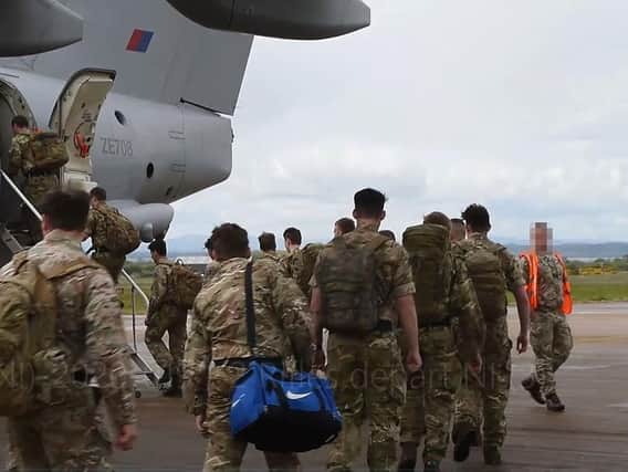 MoD handout photo of soldiers of the Co Antrim based 2 Rifles departing RAF Flying Station Aldergrove to deploy to Kabul for a tour of duty