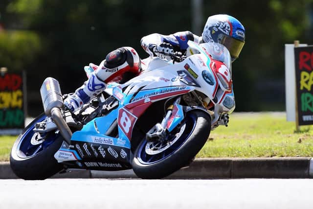 English rider Simon Andrews on the Penz BMW at the North West 200 in 2014, where he tragically lost his life in a crash.