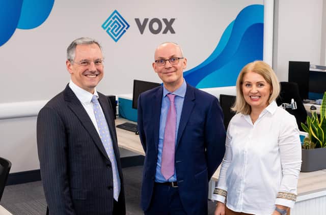 Pictured are Kevin Holland, CEO, Invest NI with Brendan Gorman, Chief Financial Officer, Vox Financial Partners and Danielle Gorman, Director of Operations, Vox Financial Partners