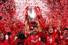 Liverpool captain Steven Gerrard lifts the UEFA Champions League trophy