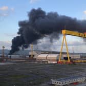 MANDATORY CREDIT REQIURED Handout photo courtesy of Joel Neill of a fire at the Bombardier Aerospace plant in Belfast. Airport Road in the east of the city was sealed off at two ends by police as firefighters tackled the blaze.