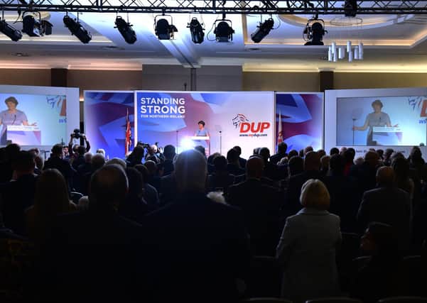 Arlene Foster speaks at the DUP conference in 2019. Kirk McDowell writes: "It is essential that as the largest unionist party, the DUP take ownership of the campaign against an Irish Sea border, and outline a political strategy to oppose it"
