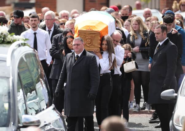 The funeral procession for republican Kieran Wylie in west Belfast yesterday