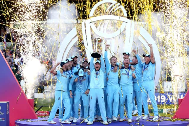 England celebrate winning the ICC World Cup during the ICC World Cup Final at Lord's, London in 2019.