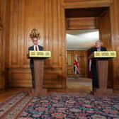 Chief Scientific Advisor Sir Patrick Vallance (left),  Prime Minister Boris Johnson and Chief Medical Officer Professor Chris Whitty during the Downing Street media briefing