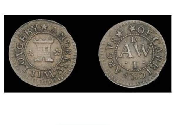 Both sides of the rare 17th century Carrickfergus penny