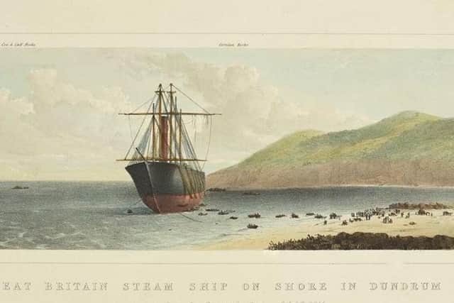 A depiction of the stranding of the SS Great Britain in September 1846 on Tyrella Beach, Co Down