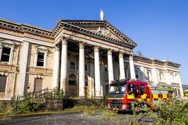 Northern Ireland Fire and Rescue Service firefighters tackling a large fire at Crumlin Road Courthouse in Belfast, Northern Ireland. PA Photo. Picture date: Monday June 01, 2020