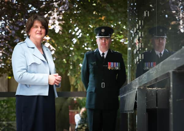 DUP leader Arlene Foster MLA pictured with DCC Mark Hamilton after laying a wreath in the police memorial garden to mark the 50th anniversary of the establishment of the RUC Reserve.
 
Photo:  Kelvin Boyes / Press Eye.