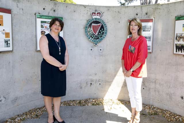 DUP leader Arlene Foster (left) with part time RUC Reservist Caroline McMullan at the RUC GC Memorial Garden at PSNI Headquarters.  Photo: Liam McBurney/PA Wire