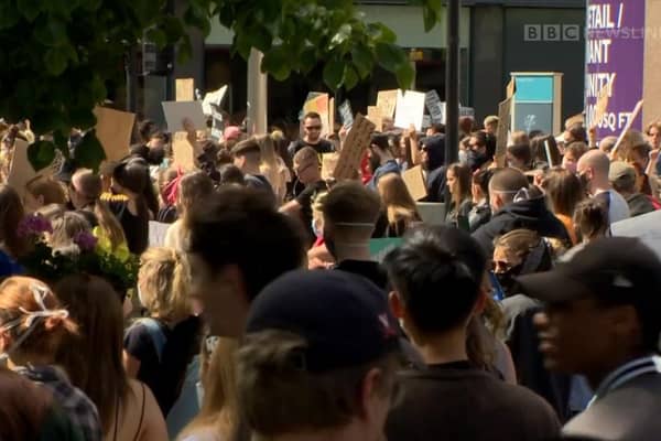 Black Lives Matter protest in Belfast on Wednesday, at which social distancing was not observed, and which breached rules on large gatherings. Mark Hamilton: "It was also interesting that there was little criticism of the mass Black Lives Matter protests in the United States, Belfast, Dublin and the UK with regard to social distancing"