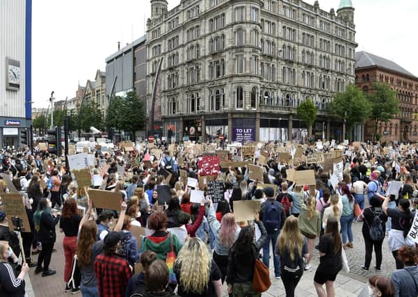 The protest in Belfast on June 3 2020, at which social distancing was not observed. Photo by Presseye/Stephen Hamilton