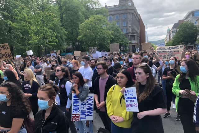 People participate in a Black Lives Matter protest rally march through Donegall Square in Belfast, in memory of George Floyd who was killed on May 25 while in police custody in the US city of Minneapolis. (Photo: PA Wire)