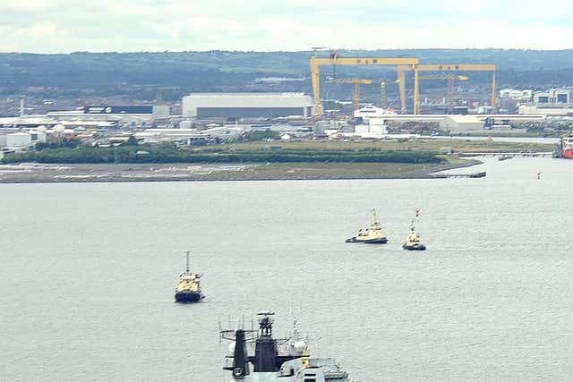 HMS Albion sailing up Belfast Lough towards Pollock Dock for the Belfast Maritime Festival in June 2007. Picture: Steven Peacock/DPO(NI)