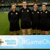 Thompson and her team of assistants before  the 2019 Womens Cup final between Glentoran and Linfield at the National Stadium