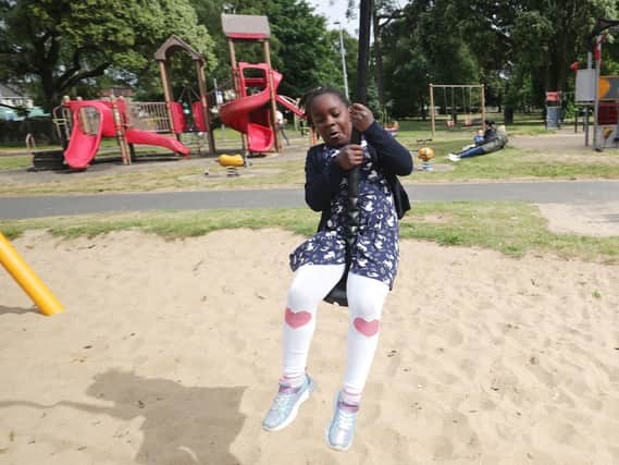 Isabella Fayeun, 6, enjoys the playground in Athy, County Kildare as Ireland continues its easing of coronavirus lockdown restrictions