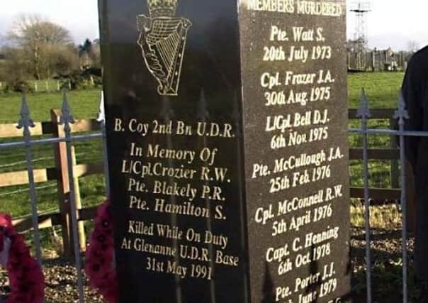 The names of the three Glenanne UDR base bomb on a memorial in south Armagh