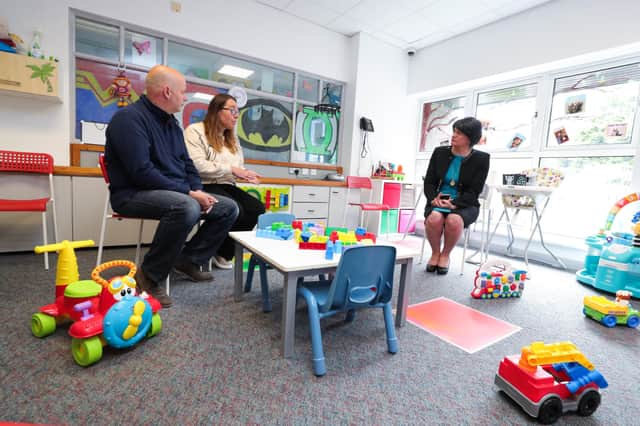 Arlene Foster with Lynda and Mark Courtney at Kids and Bibs Daycare in Moygashel