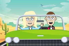 Cartoon Bill and Ellen set off in their car.
