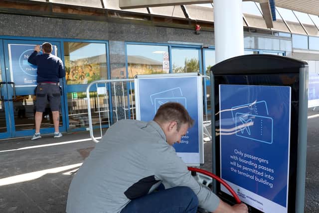 PACEMAKER, BELFAST, 11/6/2020:  Signs and social distancing measures have been put in place at Belfast International airport as part of the Coronavirus retsrictions ahead of the re-opening on Monday morning.
PICTURE BY STEPHEN DAVISON