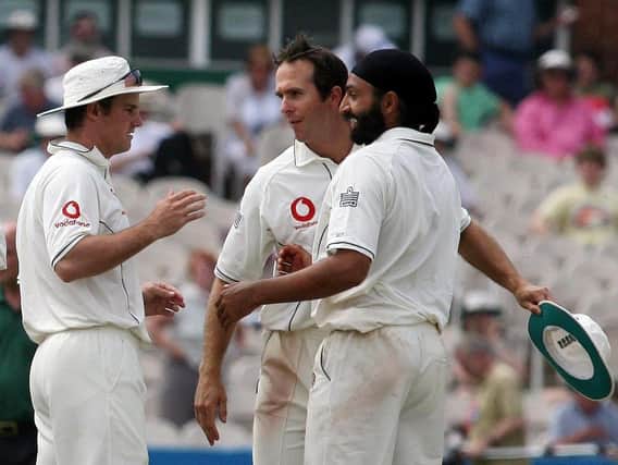 England's captain Michael Vaughan (centre), Andrew Strauss and Monty Panesar celebrate defeating West Indies during the npower Third Test match at Old Trafford in 2007