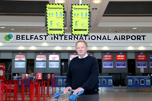 PACEMAKER, BELFAST, 11/6/2020: Graham Keddie, Managing Director of Belfast International Airport, points out the social distancing measures that have been put in place at the airport as part of the Coronavirus retsrictions ahead of the re-opening on Monday morning.
PICTURE BY STEPHEN DAVISON