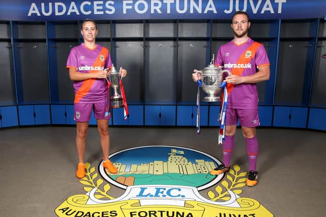 Linfield launched their new Umbro away kit last week for the start of the 2020/2021 season at Windsor Park.
Ladies player Kelsie Burrows and Linfield club captain Jamie Mulgrew are pictured in the new kit.
