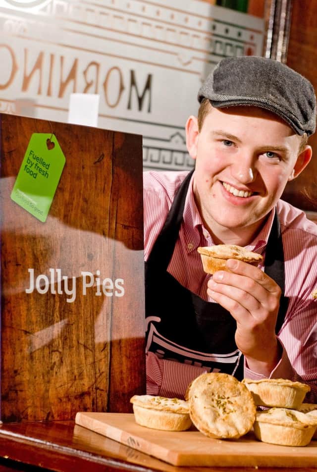 Jolly Pies, the Belfast specialist in gourment savoury pies, has been assisted by Invest Northern Ireland to develop a range of branded products for retail and foodservice.  Pictured (L-R) are James McAllister, Jolly Pies, and Olive Hill, Invest NI.