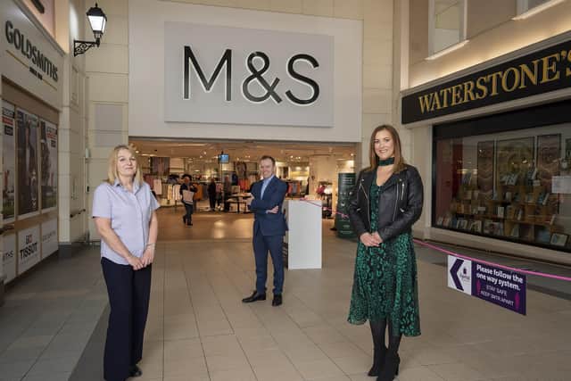 Pictured as the Centre reopens are: (LtoR) Jackie Douglas Retail Director, Specsavers, Killian Connolly, Manger at Ballymena’s M&S and Natalie Jackson, Centre Manager of Fairhill Shopping Centre