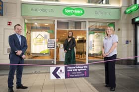 Pictured as the Centre reopens are Killian Connolly, Manger at Ballymena’s M&S,  Natalie Jackson, Centre Manager of Fairhill Shopping Centre and Jackie Douglas Retail Director, Specsavers