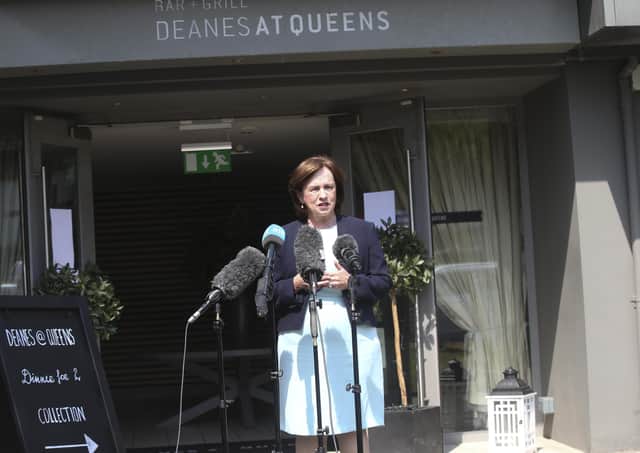 PACEMAKER BELFAST 
15/06/2020
Diane Dodds talks to the press at Deanes at Queen's in Belfast