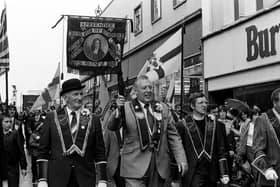 The annual march by Apprentice Boys of Derry in August 1981; pictured on the march are the Reverend Ian Paisley and the Reverend Willy McCrea